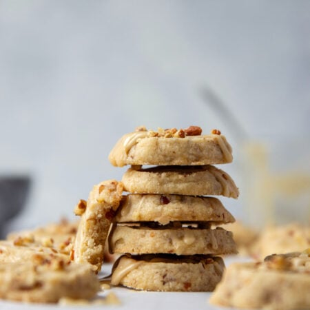These butter pecan shortbread cookies are crisp on the outside and perfectly soft on the inside with lots of buttery toasted pecan bits.