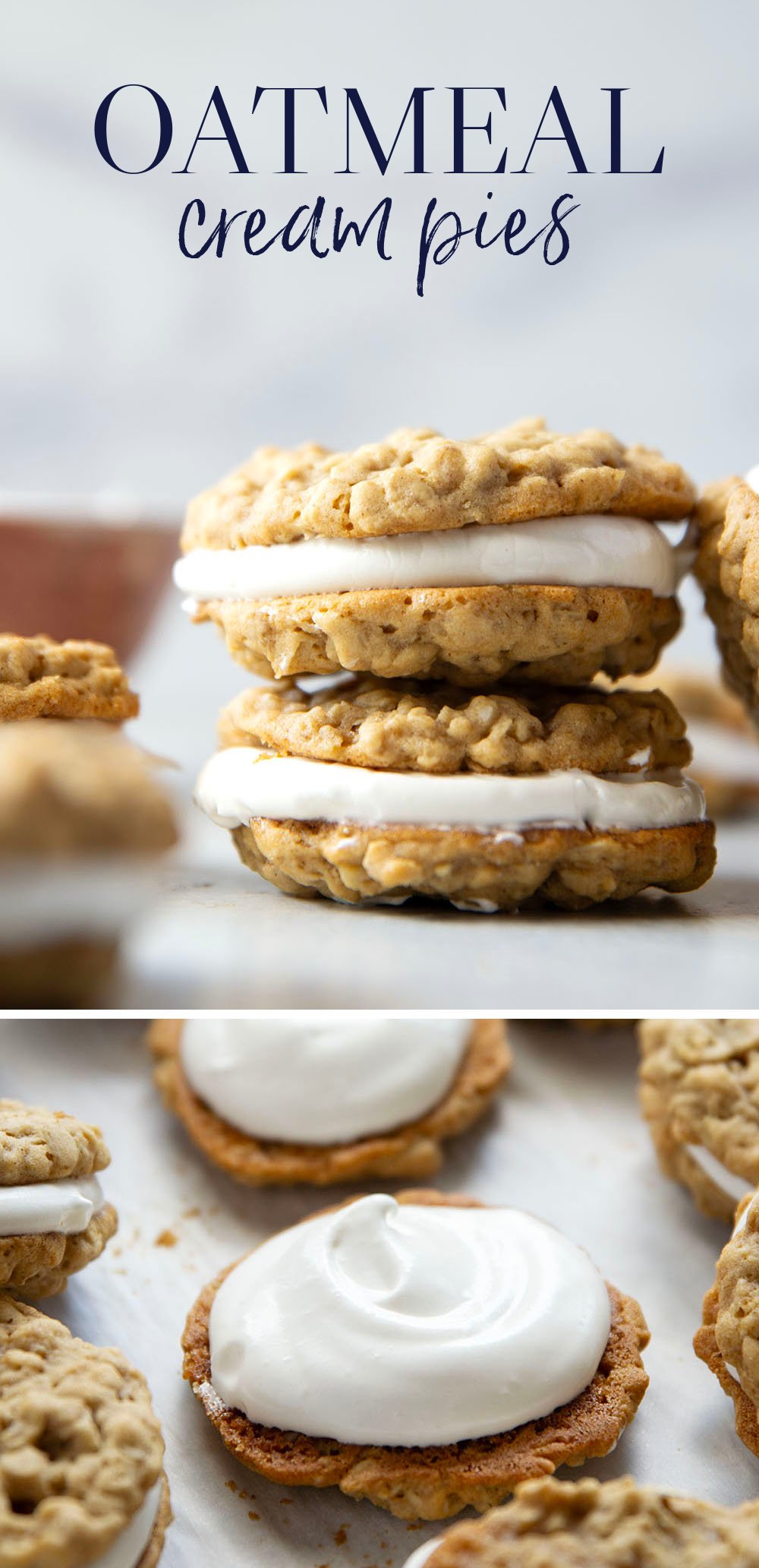 These homemade oatmeal cream pies feature soft and chewy oatmeal cookies with a fluffy marshmallow cream filling. Better than Little Debbie's any day!