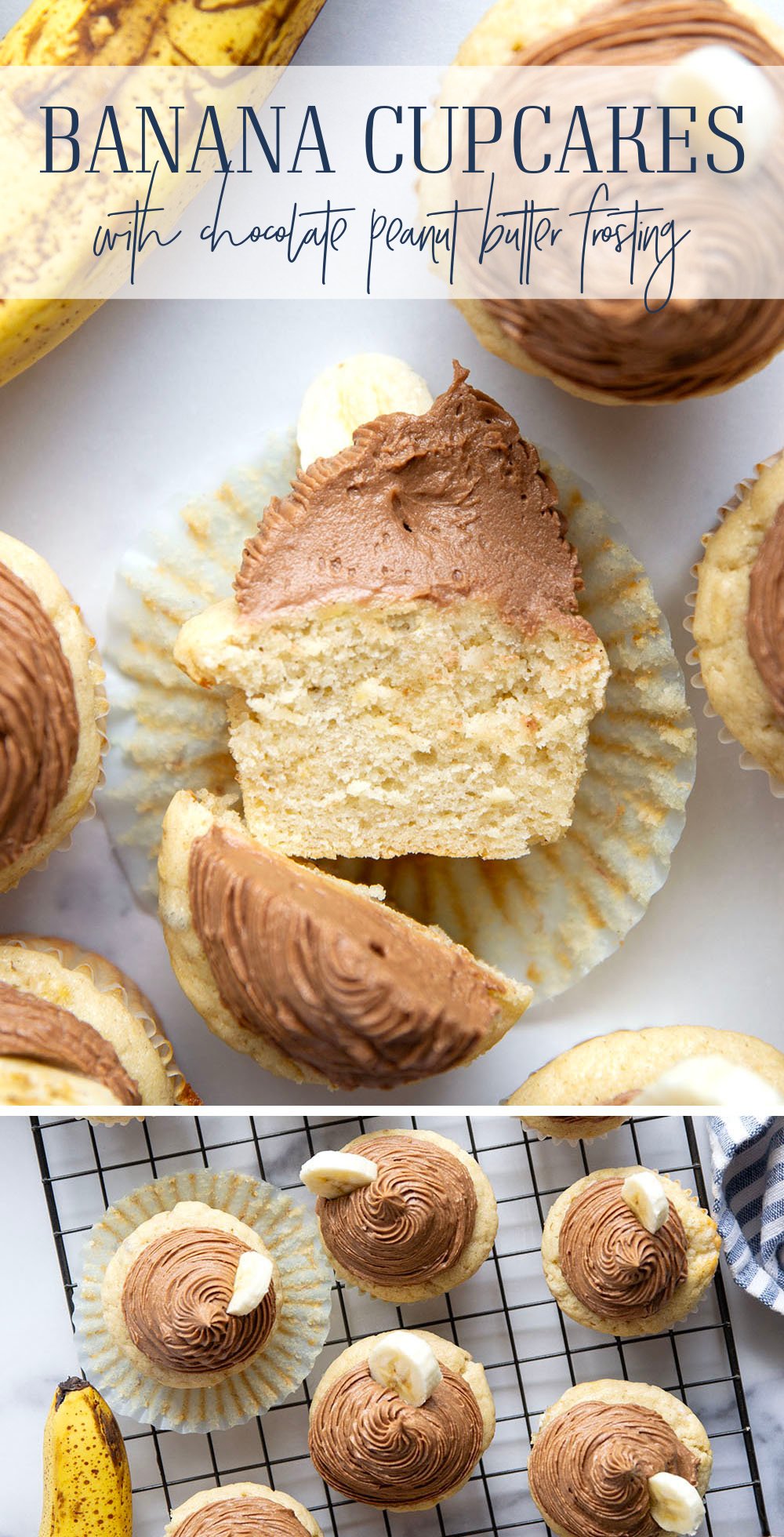 These super moist and fluffy banana cupcakes with chocolate peanut butter frosting piped high on top are about to be your new favorite cupcake flavor!