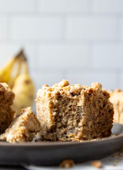 This banana snack cake is unbelievably soft inside and every inch is covered with a crunchy walnut streusel topping.