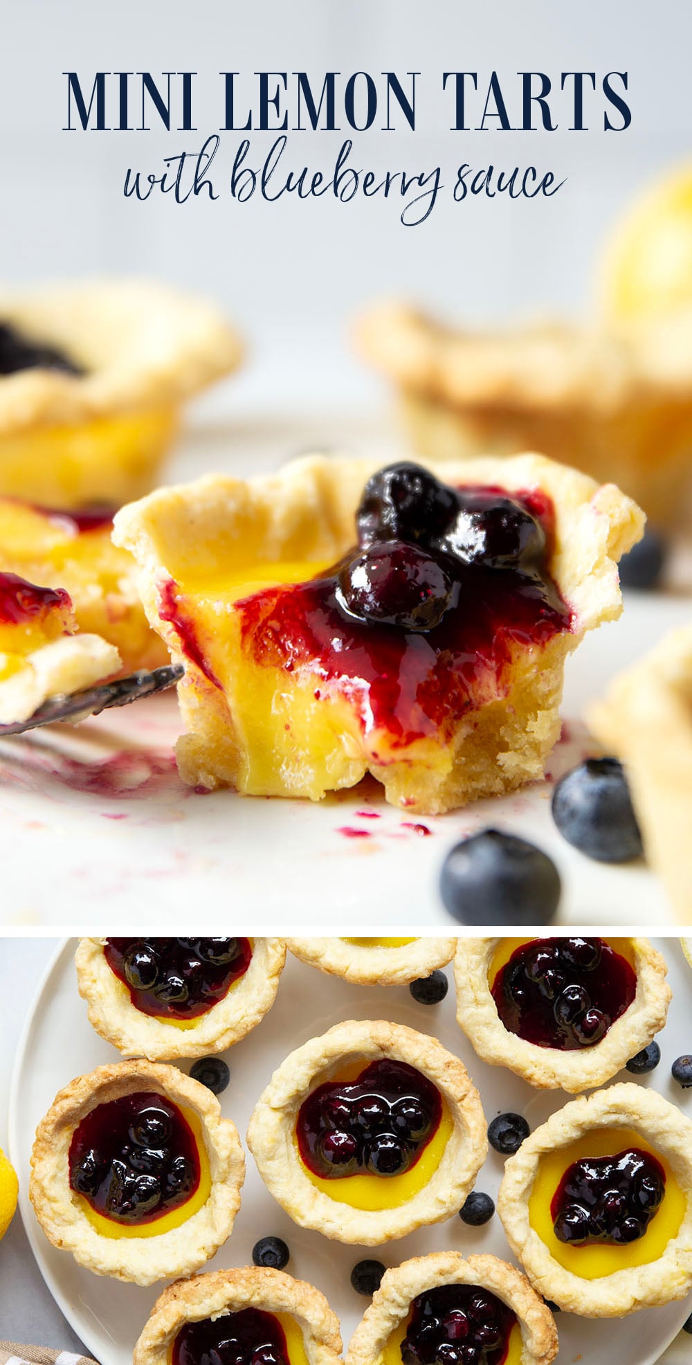 These mini lemon tarts feature a flaky pastry crust, tangy lemon filling, and lots of fresh blueberry sauce spooned on top.