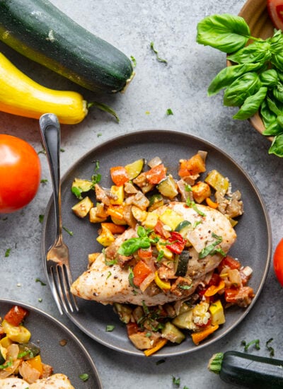 Made entirely on one sheet pan and packed full of garden vegetables, this ratatouille chicken is ready in only 45 minutes and an easy summer weeknight meal.