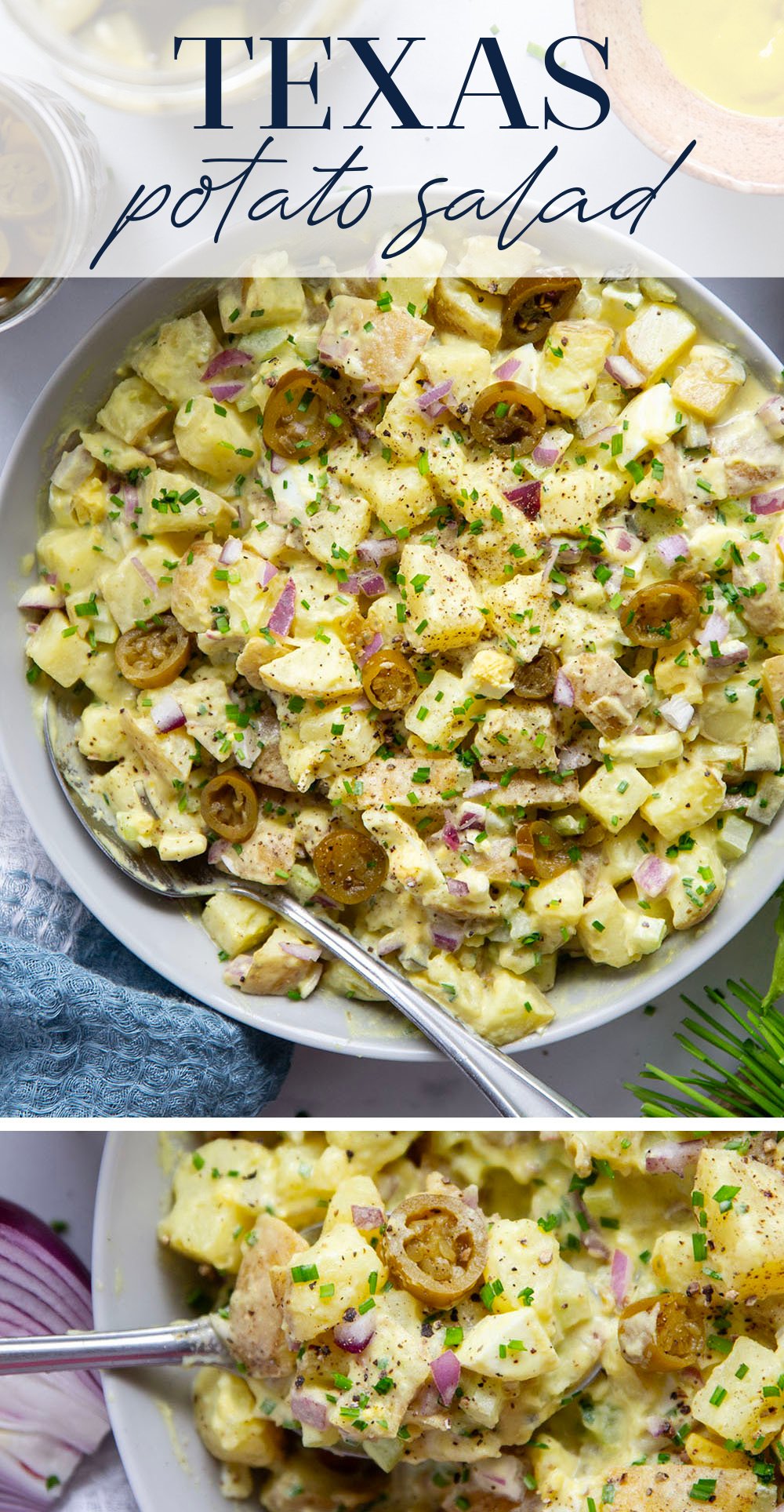 Texas potato salad features a tangy yellow mustard dressing coating tender potatoes with lots of pickled jalapenos for a kick of heat.
