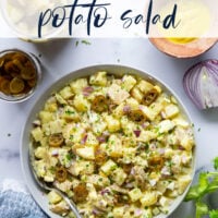Texas potato salad features a tangy yellow mustard dressing coating tender potatoes with lots of pickled jalapenos for a kick of heat.