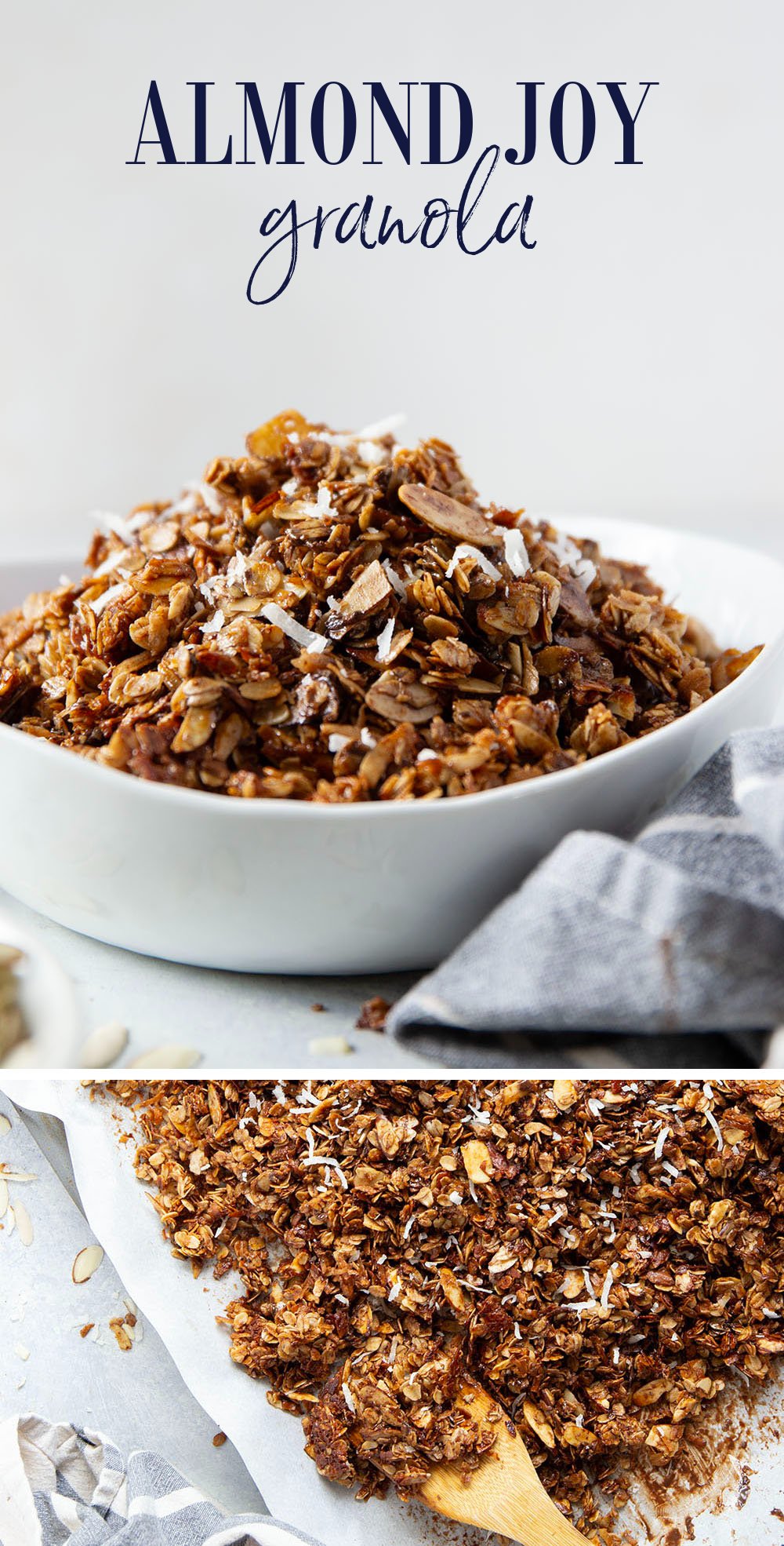 Packed with almonds, flaked coconut, and rich chocolate, this almond joy granola is the best breakfast twist on the classic candy!