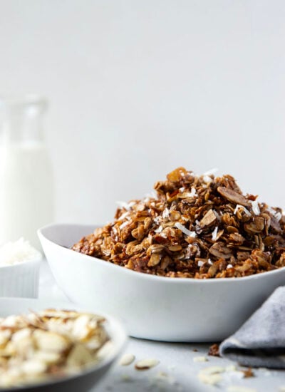 Packed with almonds, flaked coconut, and rich chocolate, this almond joy granola is the best breakfast twist on the classic candy!