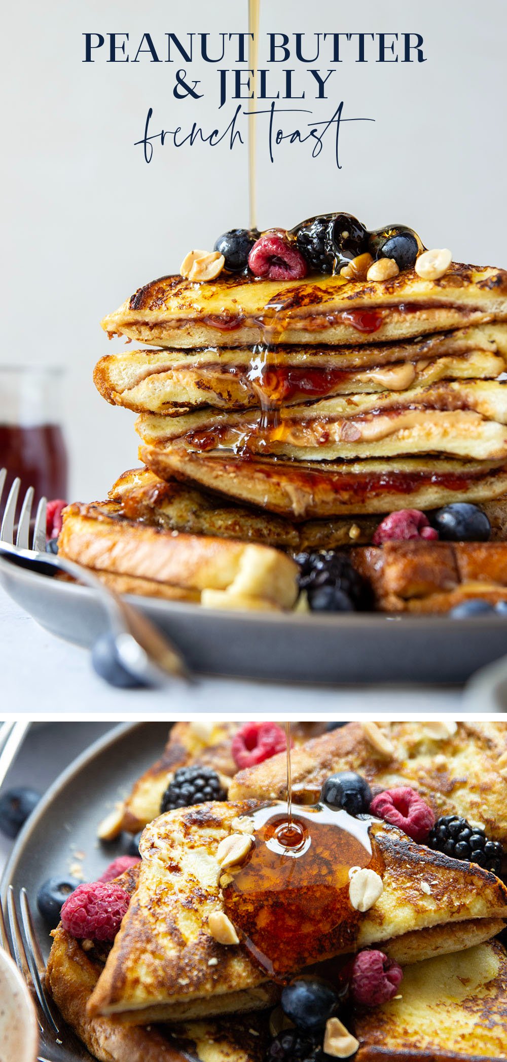 Stuffed with creamy peanut butter and sweet fruit jam, this peanut butter and jelly French toast is the best breakfast twist on a classic!