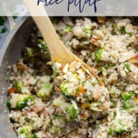 You won't believe that the base for this cauliflower rice pilaf is made entirely from riced cauliflower! It's unbelievably fluffy and jam-packed with tender broccoli, crunchy almonds and soft golden raisins.