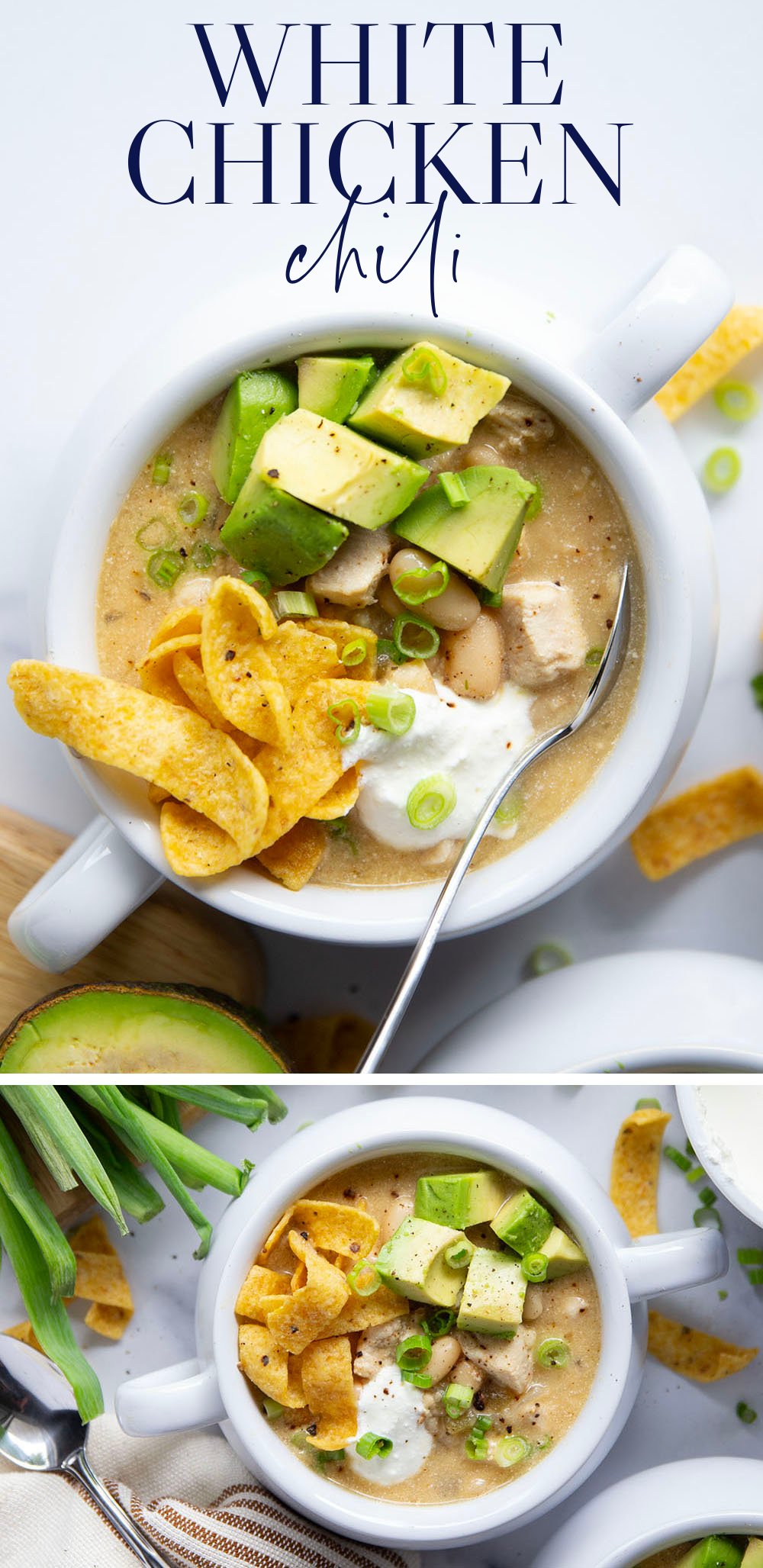 This white chicken chili is the ultimate comfort food! Loaded with lots of tender chicken and beans in a rich broth and piled high with all the toppings.