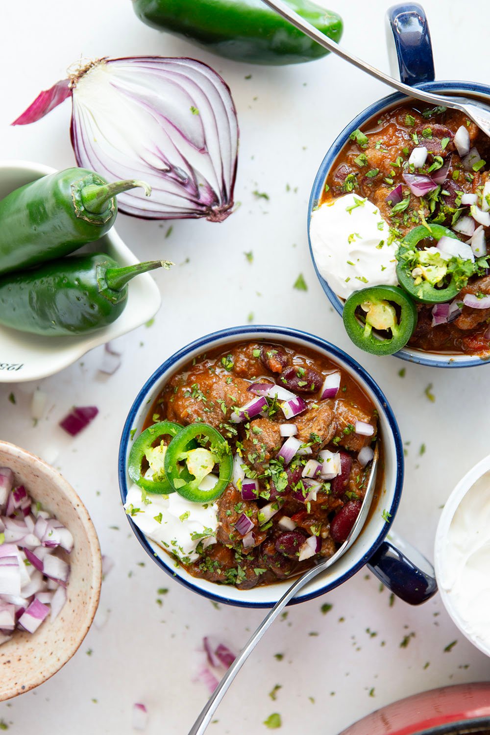 Thick and chunky steak chili features fall-apart tender steak cubes, lots of hearty beans, and the perfect amount of zippy heat from jalapenos.
