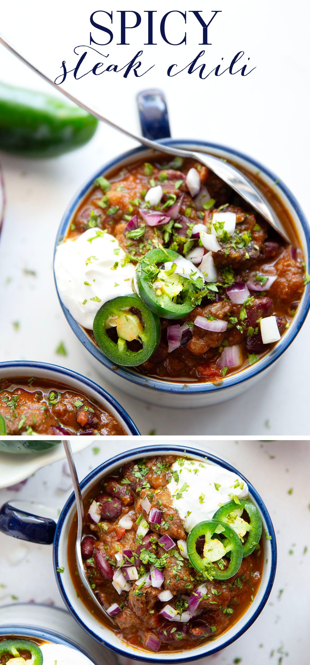 Thick and chunky steak chili features fall-apart tender steak cubes, lots of hearty beans, and the perfect amount of zippy heat from jalapenos.