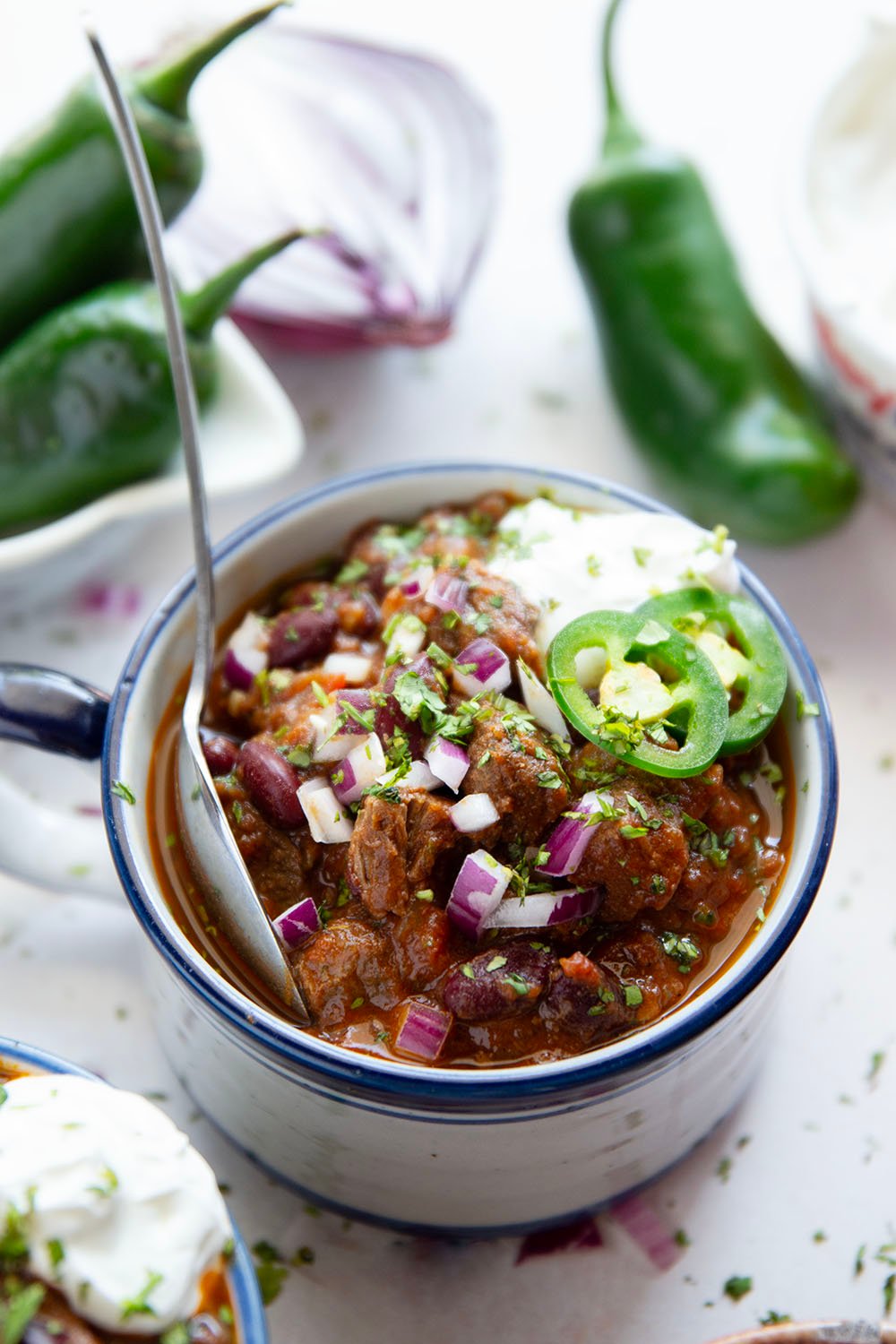 Thick and chunky steak chili features fall-apart tender steak cubes, lots of hearty beans, and the perfect amount of zippy heat from jalapenos.