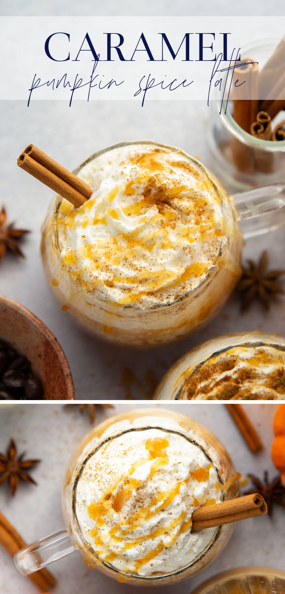 Real pumpkin, lots of fall spices, and caramel syrup come together in this caramel pumpkin spice latte that you can easily whip up at home in minutes!