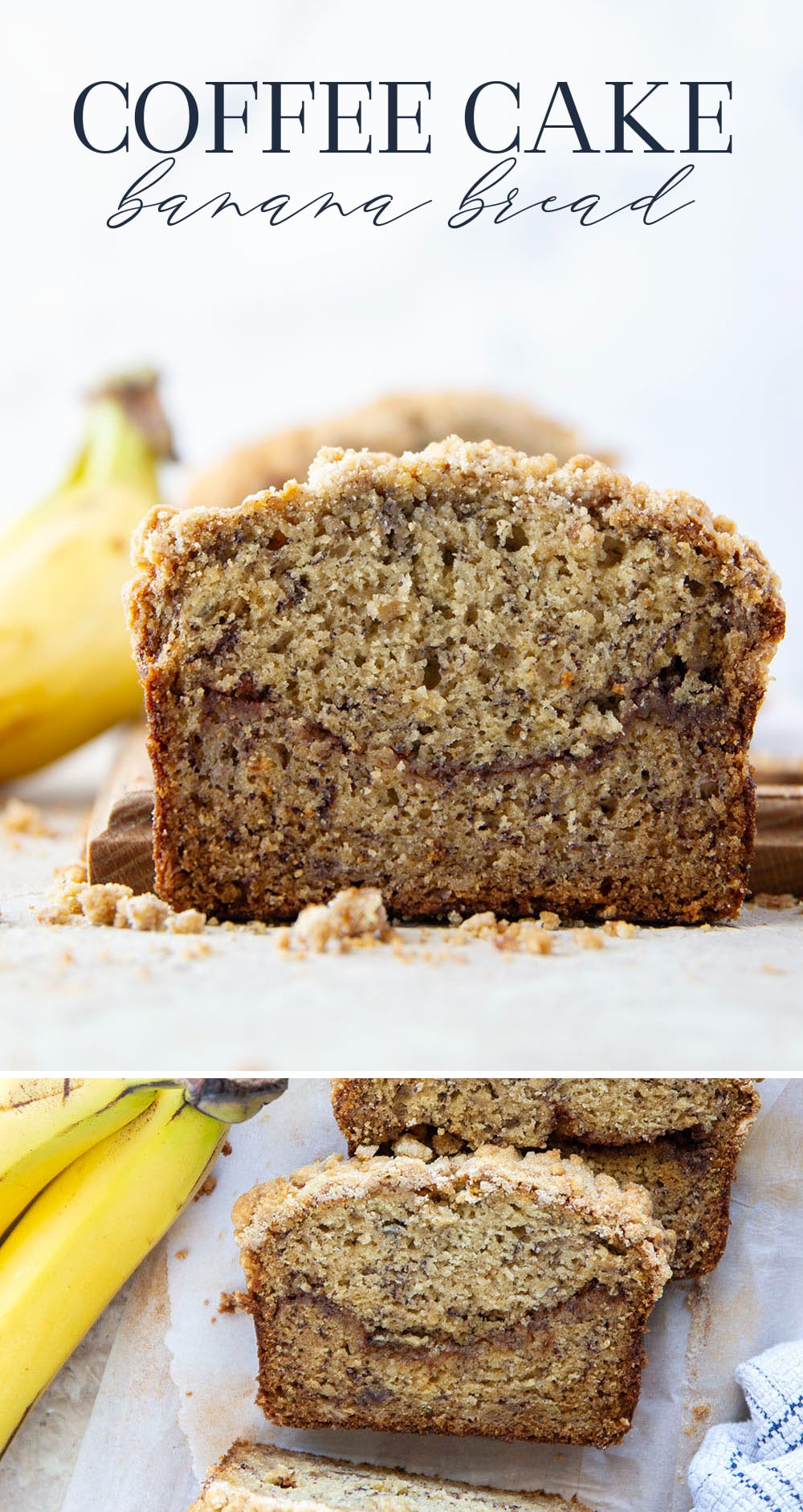 Coffee cake and banana bread collide into one irresistible loaf! This coffee cake banana bread features a soft texture with a cinnamon sugar ribbon in the center and lots of crunchy streusel baked on top.