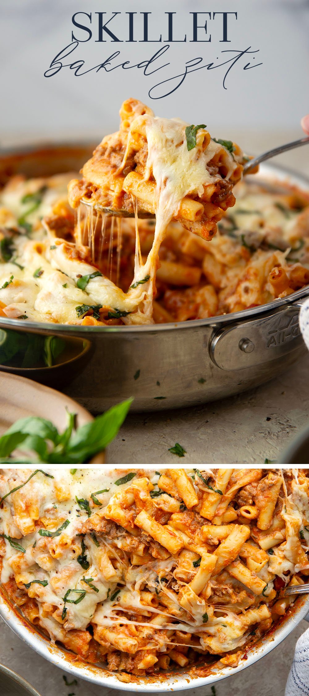 This rich and cheesy skillet baked ziti cooks up entirely in one skillet and you can throw it together in only 30 minutes!