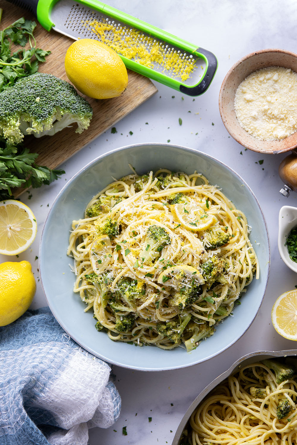 This lemon broccoli carbonara features lemony roasted broccoli and a creamy spaghetti carbonara base loaded with fresh Parmesan.