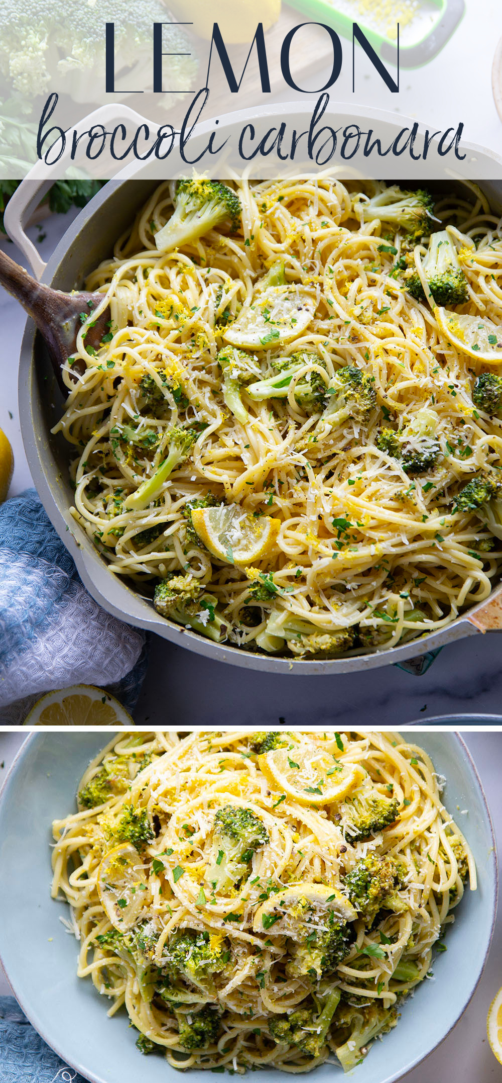 This lemon broccoli carbonara features lemony roasted broccoli and a creamy spaghetti carbonara base loaded with fresh Parmesan.