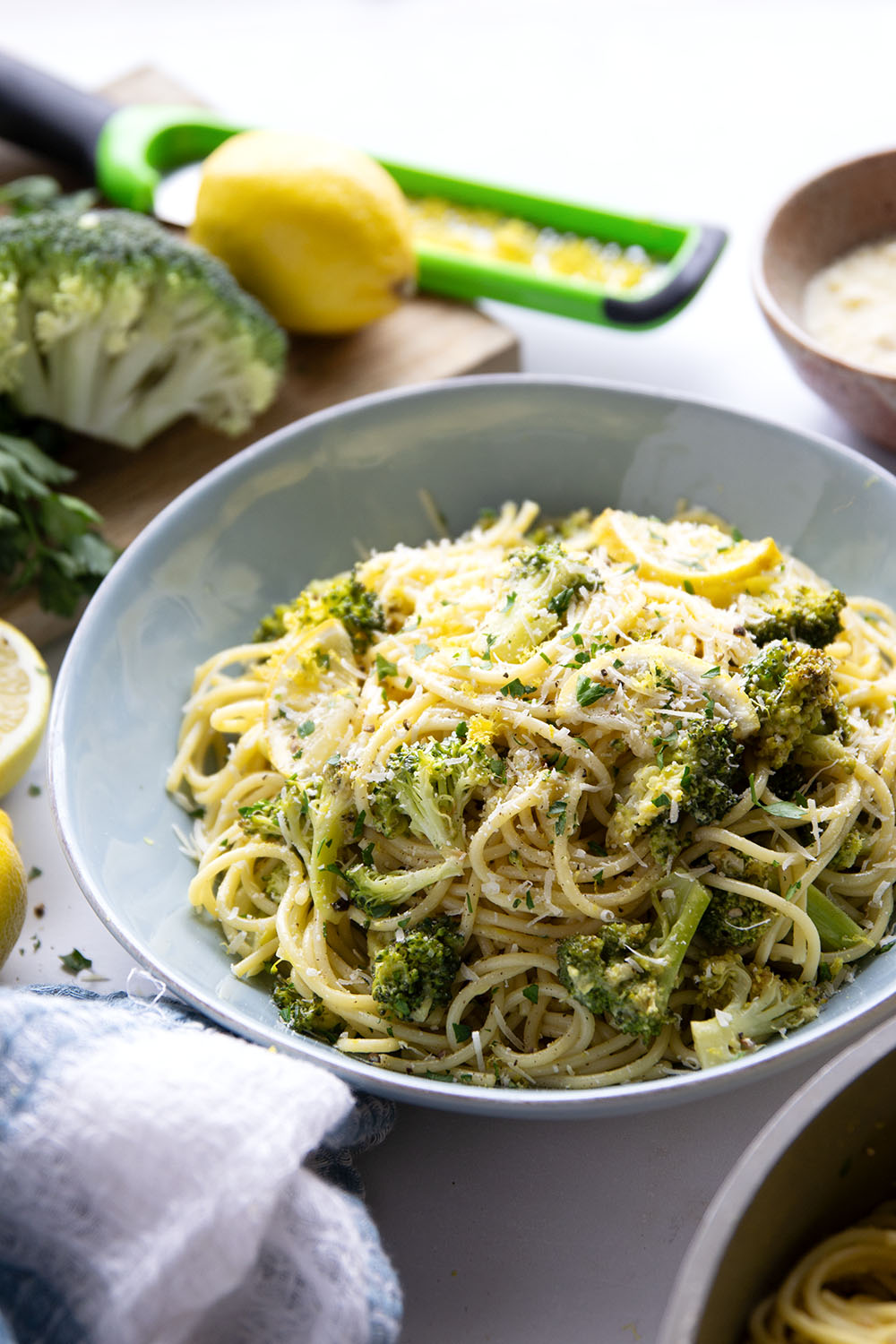 This lemon broccoli carbonara features lemony roasted broccoli and a creamy spaghetti carbonara base loaded with fresh Parmesan.