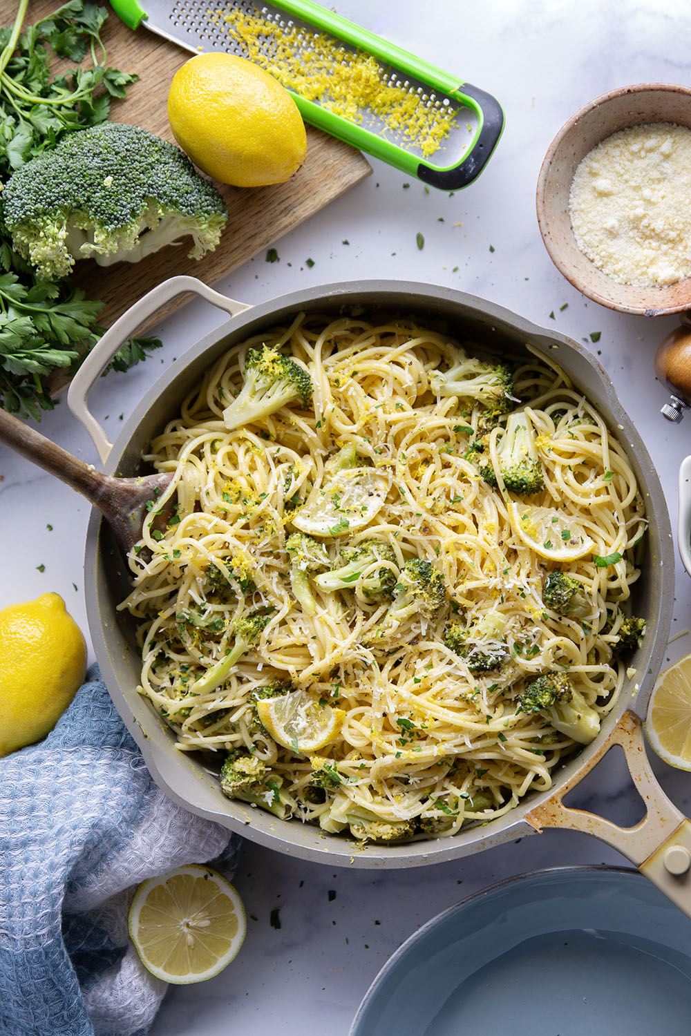 This lemon broccoli carbonara features lemony roasted broccoli and a creamy spaghetti carbonara base loaded with fresh Parmesan.