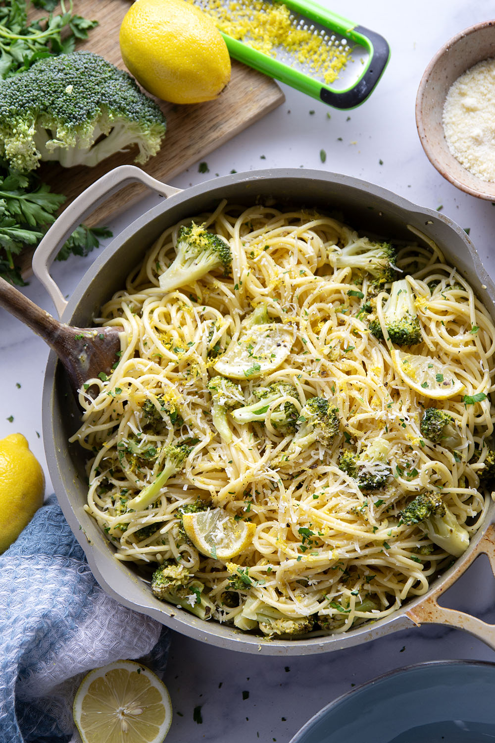 This lemon broccoli carbonara features lemony roasted broccoli and a creamy spaghetti carbonara base loaded with fresh Parmesan.