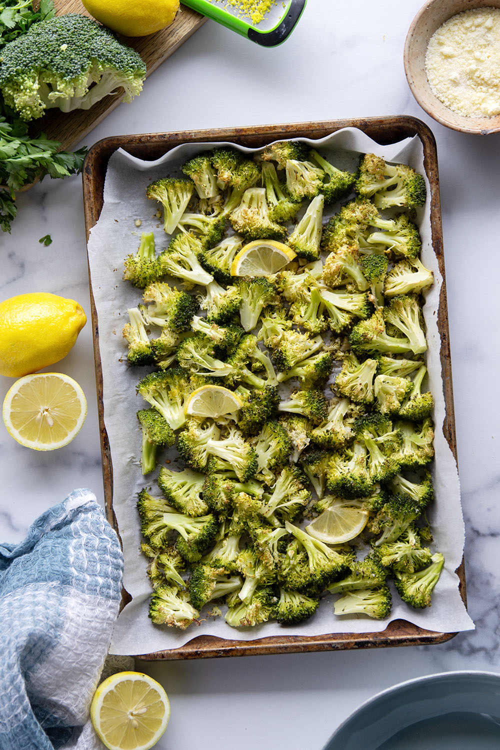 This lemon broccoli carbonara features lemony roasted broccoli and a creamy spaghetti carbonara base loaded with fresh Parmesan.