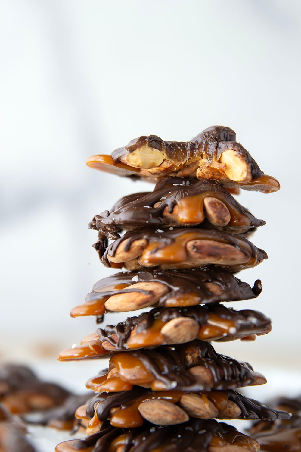 Roasted almonds, homemade caramel, and a good drizzle of dark chocolate come together in these dark chocolate almond clusters that whip up in minutes.