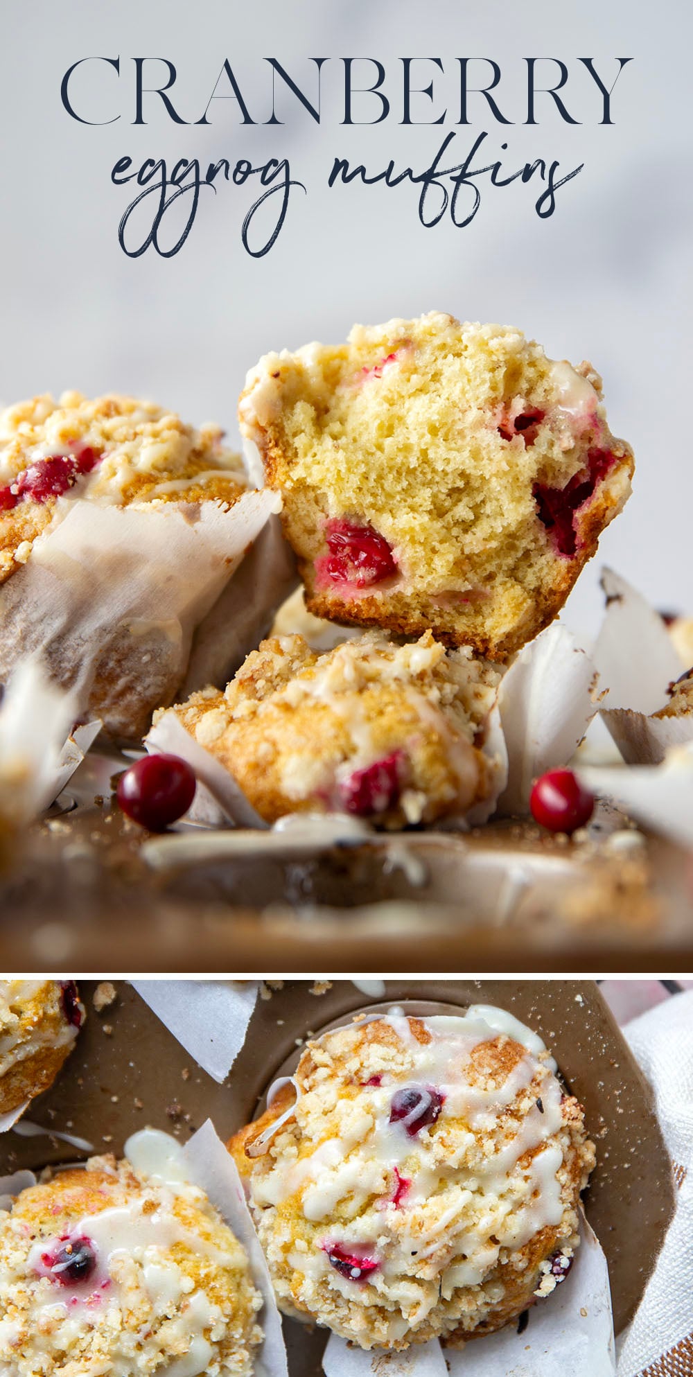 Loaded with tart cranberries and generously topped with buttery streusel and creamy eggnog glaze, these cranberry eggnog muffins are a staple for any holiday breakfast.