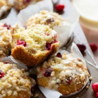Loaded with tart cranberries and generously topped with buttery streusel and creamy eggnog glaze, these cranberry eggnog muffins are a staple for any holiday breakfast.