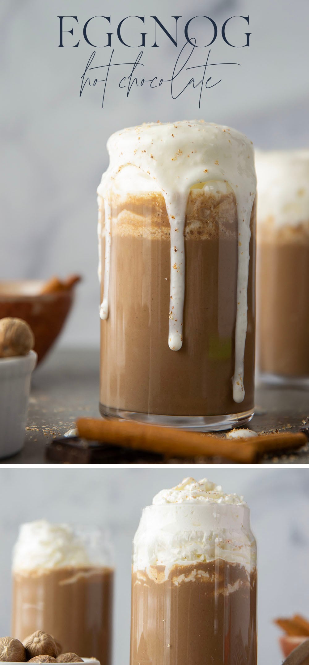 Chase away the winter chill with this eggnog hot chocolate that features winter spices, rich eggnog, and sweet hot chocolate all in one drink! Enjoy this easy holiday sipper hot or cold with lots of whipped cream on top.