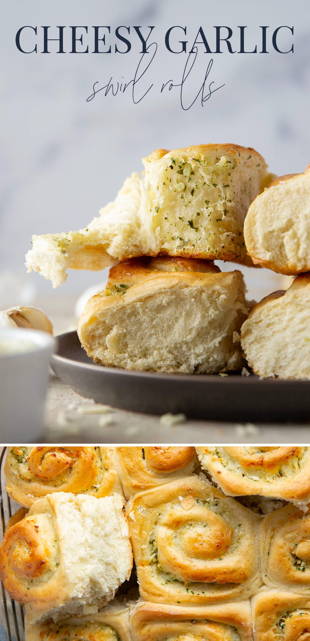 These garlic swirl rolls feature a soft and fluffy yeast bread base stuffed with a swirl of flavorful garlic herb butter and two kinds of cheese.