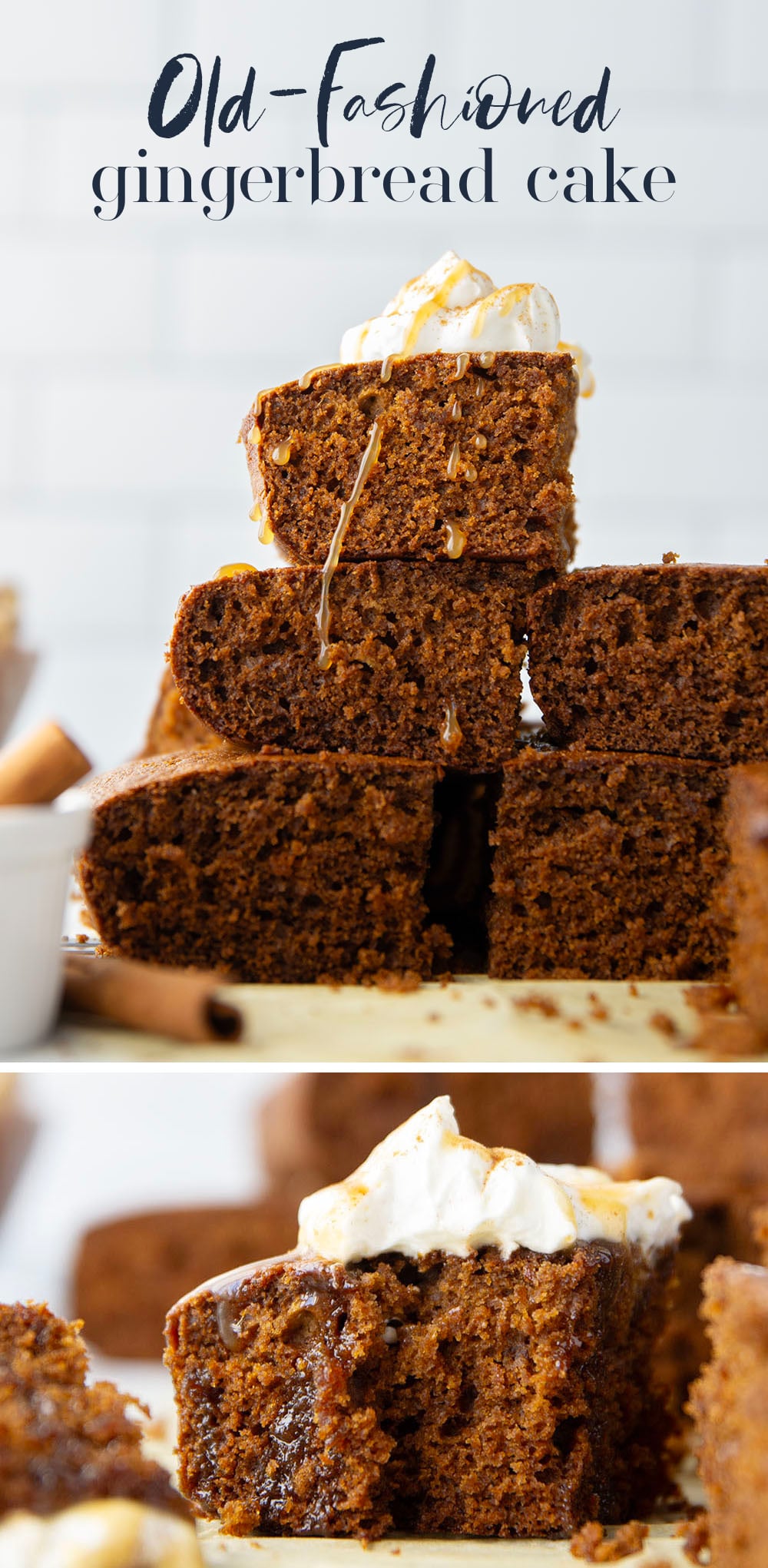 Old-fashioned gingerbread cake is a must around the holidays! This simple cake is perfectly spiced, incredibly moist, and the best Christmas dessert with a dollop of whipped cream and caramel sauce on top.