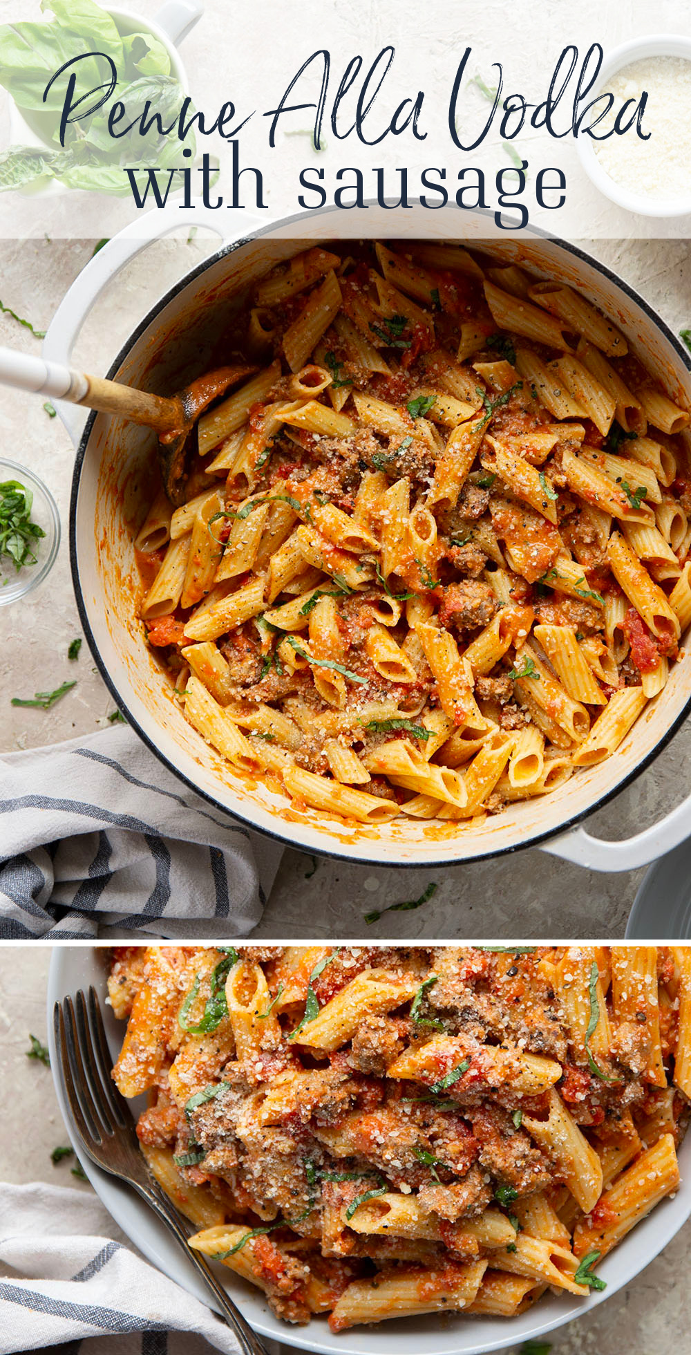 Penne alla vodka with sausage features a flavorful homemade vodka tomato sauce with juicy browned sausage. - an easy weeknight dinner that's ready in under an hour!