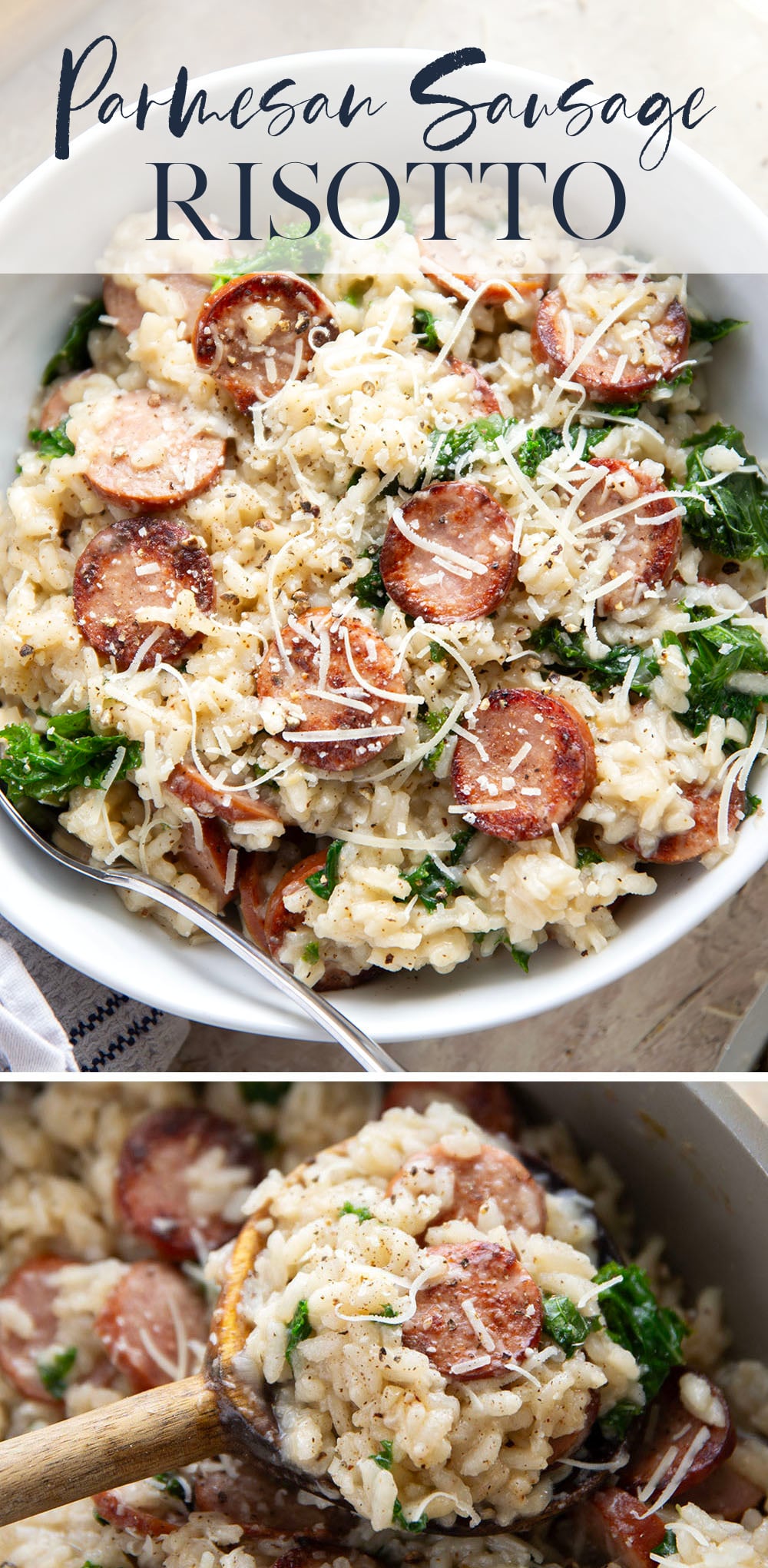 Creamy restaurant-style sausage risotto features seared sausage slices, tender kale, and lots of fresh-grated Parmesan cheese.