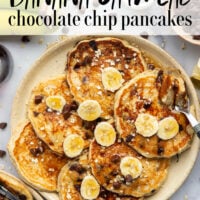 Loaded with lots of banana, hearty oats, and gooey chocolate chips, these fluffy chocolate chip oatmeal pancakes are the ultimate breakfast stack and perfect for the weekend.