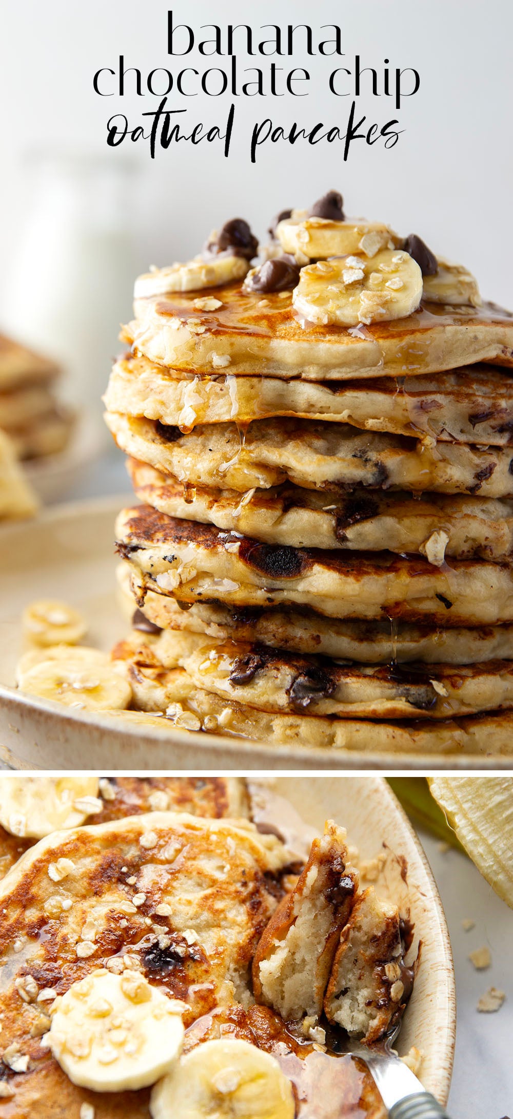 Loaded with lots of banana, hearty oats, and gooey chocolate chips, these fluffy chocolate chip oatmeal pancakes are the ultimate breakfast stack and perfect for the weekend.