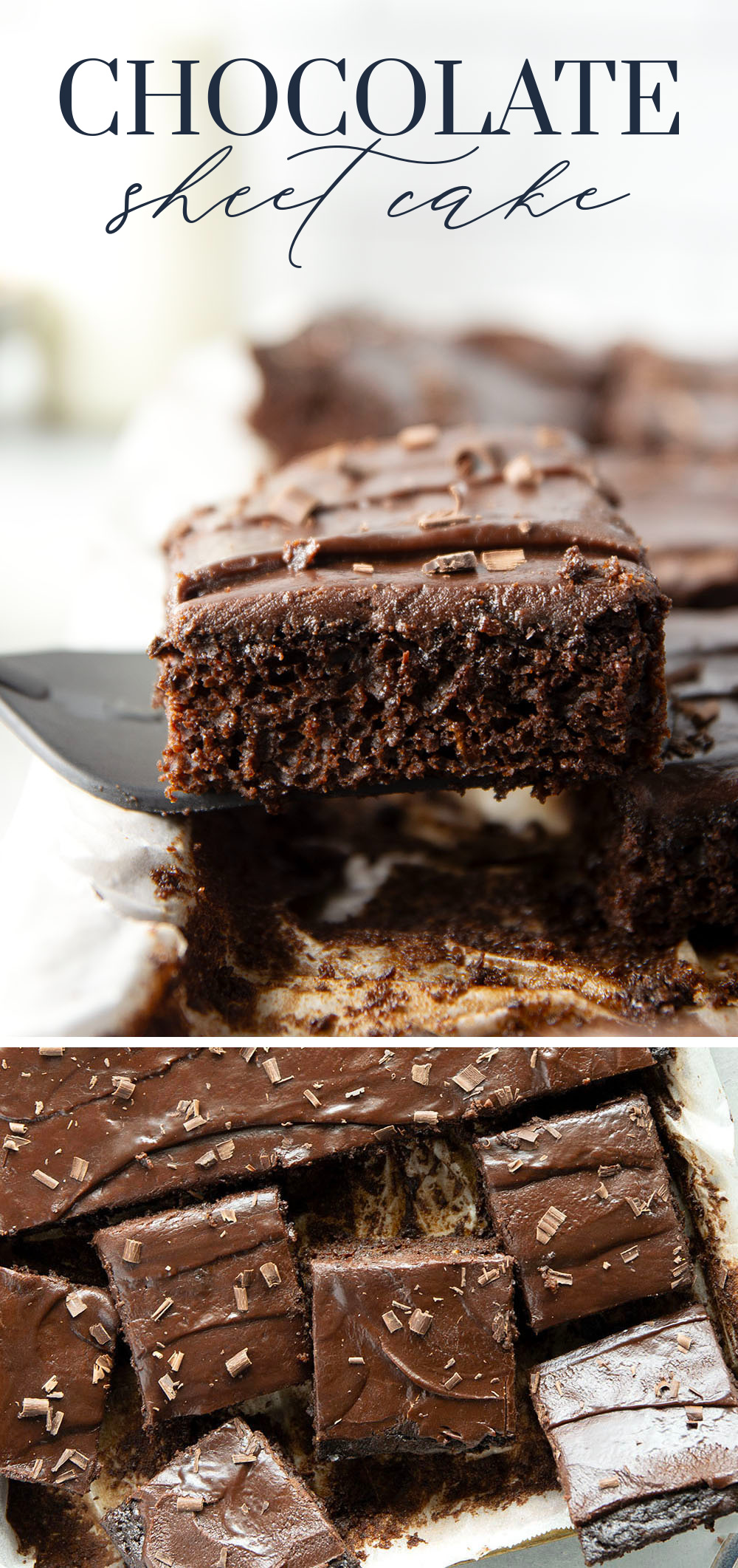 This classic chocolate sheet cake is always a hit at parties! Supremely moist, heavy on the chocolate, and frosted in a silky chocolate fudge frosting.