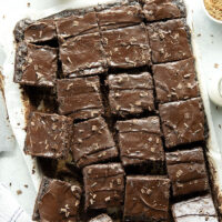 This classic chocolate sheet cake is always a hit at parties! Supremely moist, heavy on the chocolate, and frosted in a silky chocolate fudge frosting.