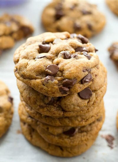 These coconut oil chocolate chip cookies are perfectly crispy on the outside and so soft and chewy inside, you'll never guess that they're made healthy with coconut oil and contain NO butter! Destined to become your new favorite chocolate chip cookie.