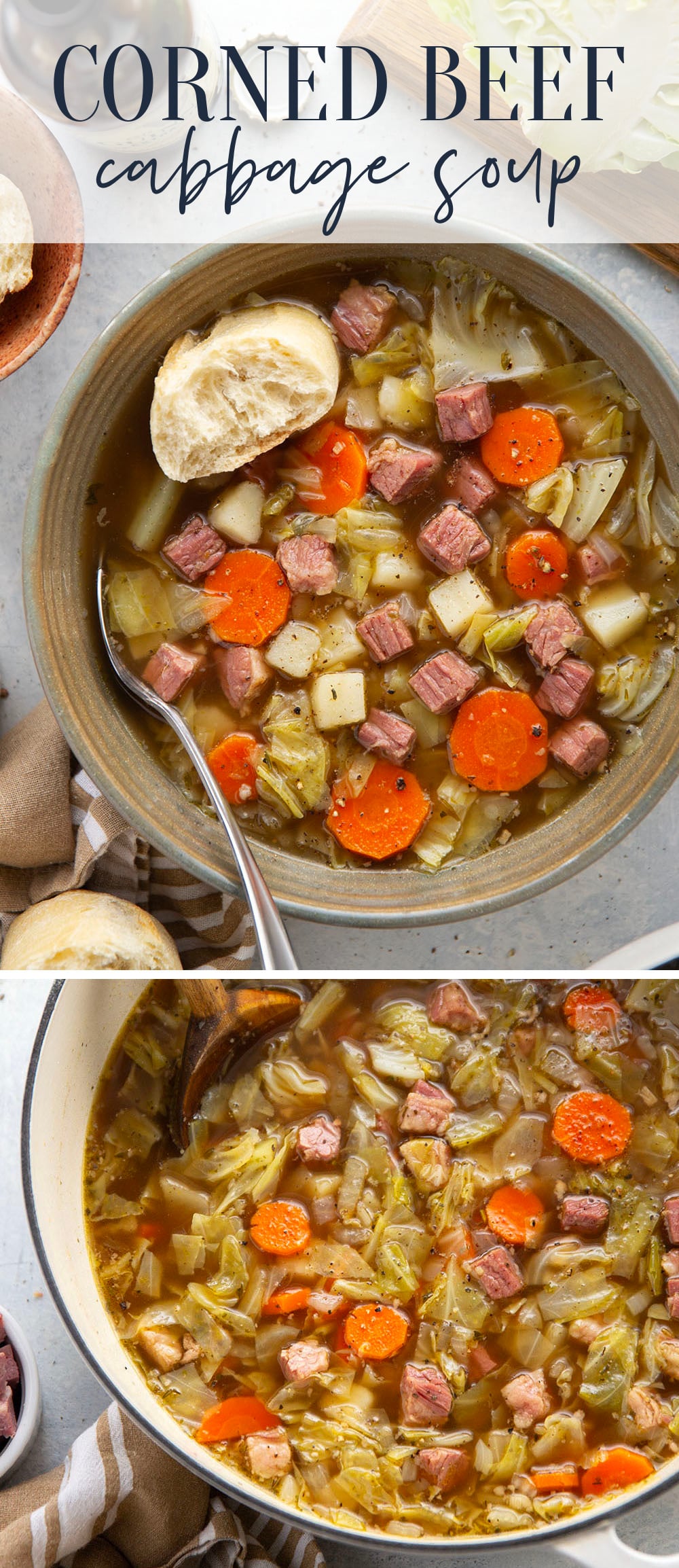 This corned beef cabbage soup features leftover corned beef, tender cabbage, and other hearty root vegetables simmered in a flavorful stout beer and beef broth.