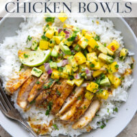 These honey mustard chicken bowls are loaded with so much goodness and you won't believe how quickly they come together! Sweet and tangy honey mustard chicken thighs pair perfectly with fluffy rice and a fresh mango salsa.