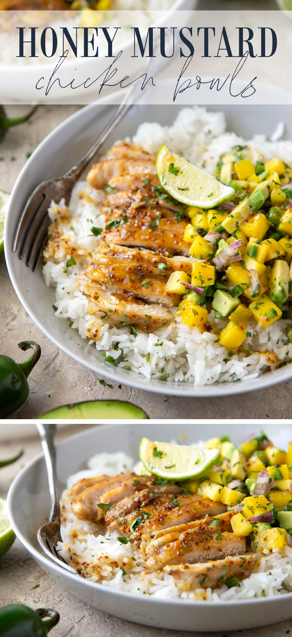 These honey mustard chicken bowls are loaded with so much goodness and you won't believe how quickly they come together! Sweet and tangy honey mustard chicken thighs pair perfectly with fluffy rice and a fresh mango salsa.