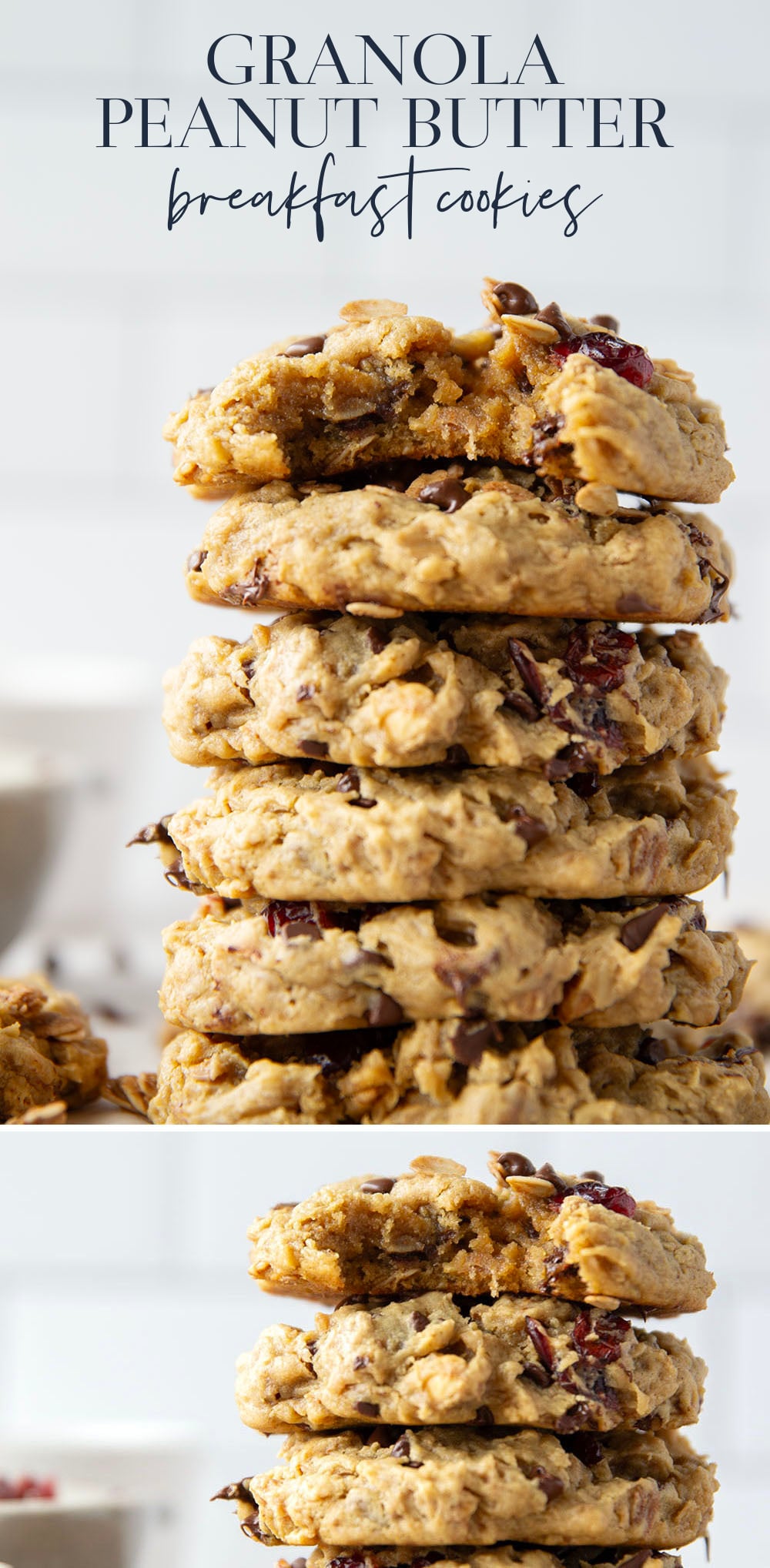 Loaded to the max with lots of creamy peanut butter, crunchy granola, and melty chocolate chips, these grab-and-go peanut butter breakfast cookies are lower in fat and the best way to start the day!