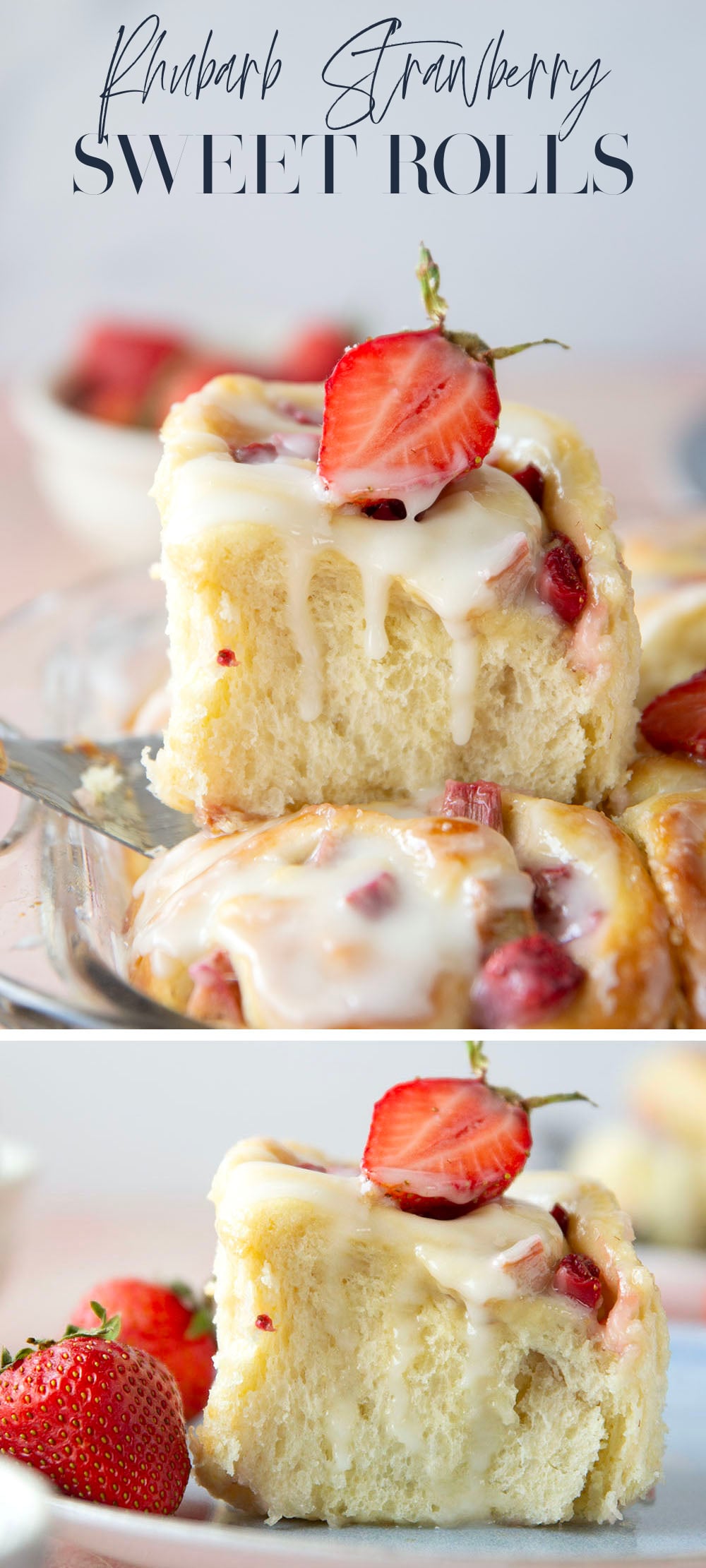 Melt-in-your-mouth fluffy sweet rolls are stuffed with a sweet and tangy rhubarb strawberry filling for the ultimate twist on strawberry sweet rolls!