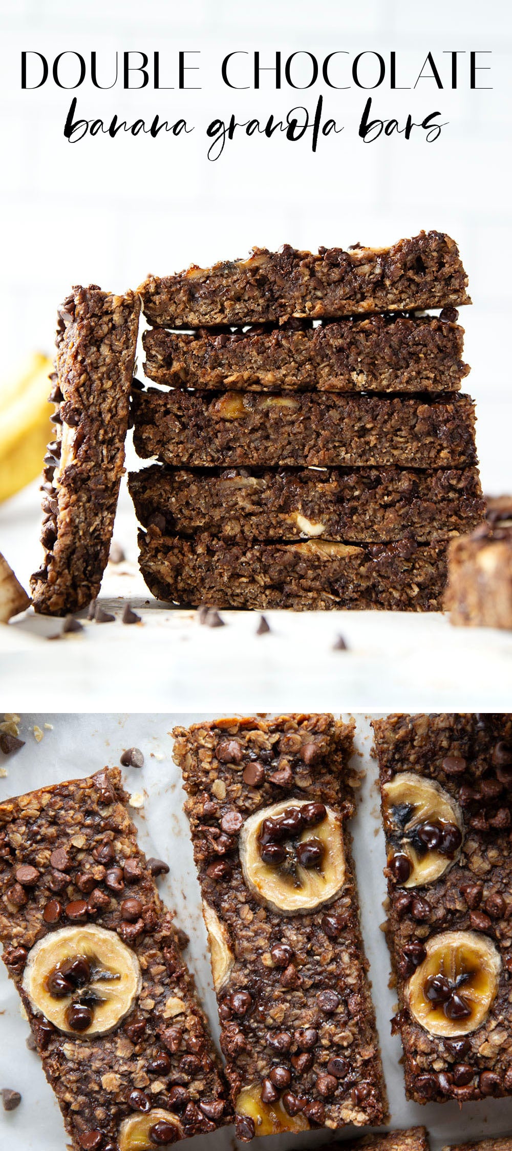 These soft and chewy chocolate banana granola bars are packed with tons of banana flavor and a double dose of chocolate. Ideal for make-ahead breakfasts and they freeze great as well!