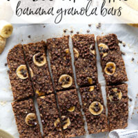 These soft and chewy chocolate banana granola bars are packed with tons of banana flavor and a double dose of chocolate. Ideal for make-ahead breakfasts and they freeze great as well!