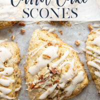 Soft and tender carrot cake scones feature lots of toasted pecans, shredded carrots, and a silky cream cheese glaze drizzled on top.