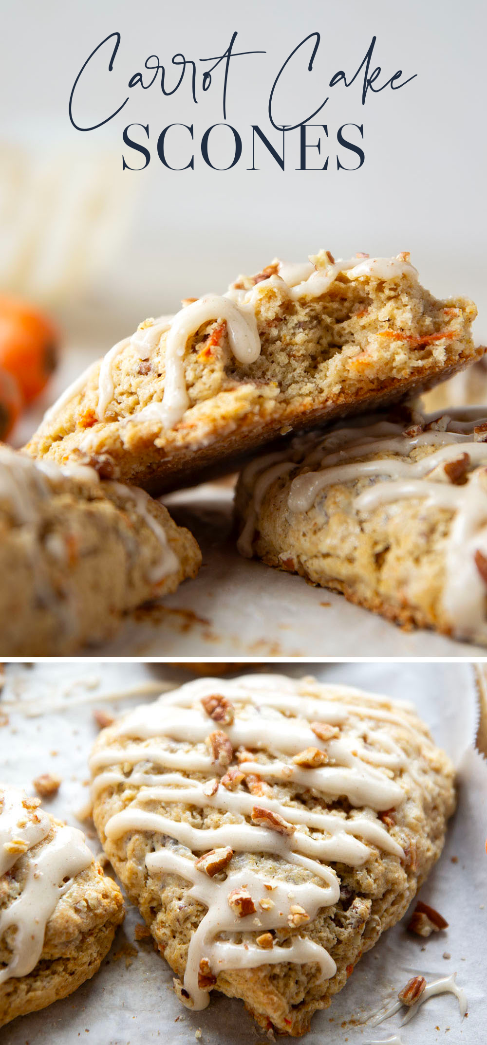 Soft and tender carrot cake scones feature lots of toasted pecans, shredded carrots, and a silky cream cheese glaze drizzled on top.