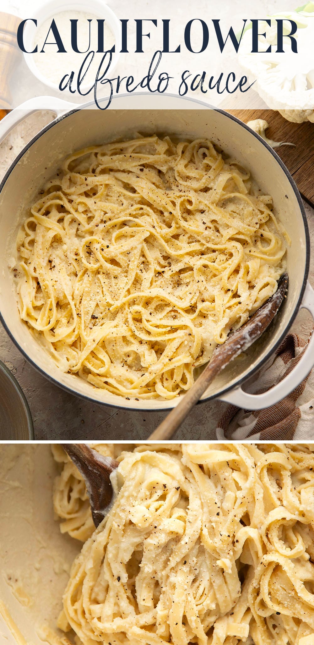 Indulge in a creamy, silky alfredo sauce for a fraction of the calories in this cauliflower alfredo sauce version! NO heavy cream needed and it's made in minutes on the stovetop.