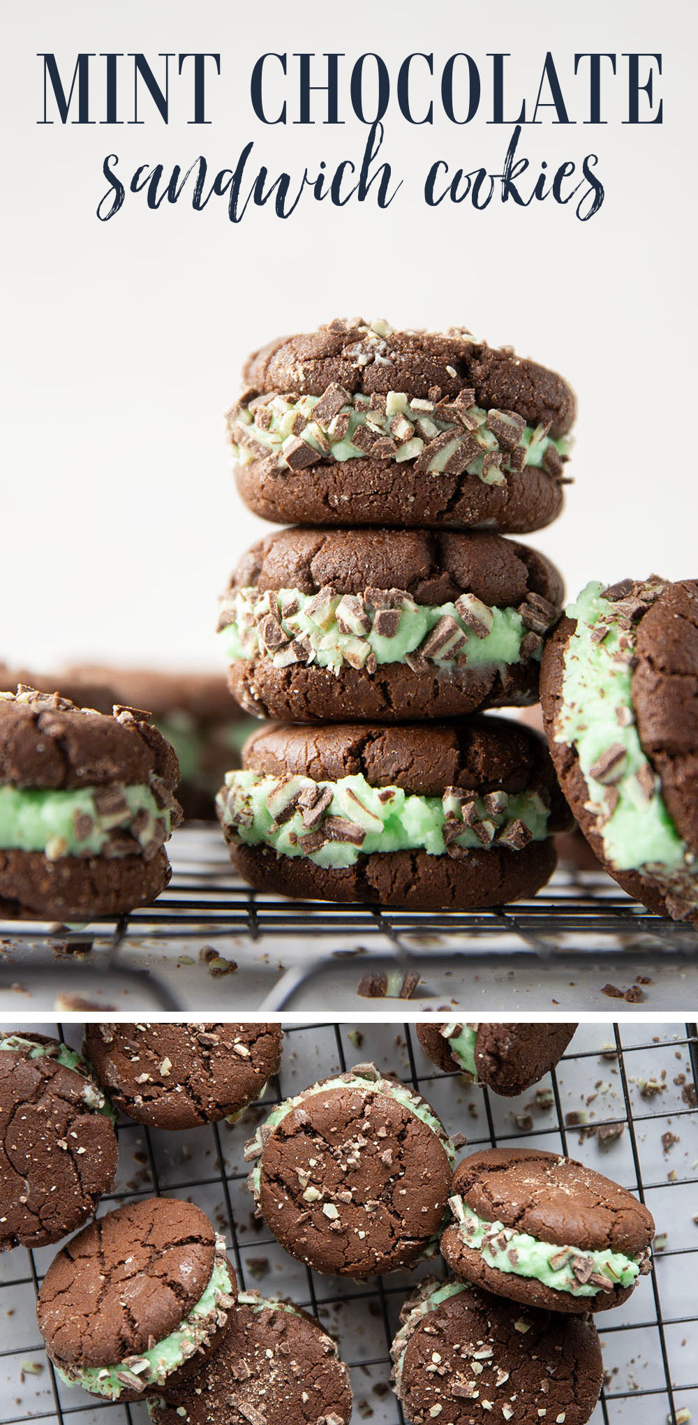 These mint chocolate sandwich cookies feature rich chocolate cookies with a creamy mint buttercream sandwiched between and rolled in lots of chopped Andes candies.