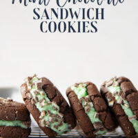 These mint chocolate sandwich cookies feature rich chocolate cookies with a creamy mint buttercream sandwiched between and rolled in lots of chopped Andes candies.